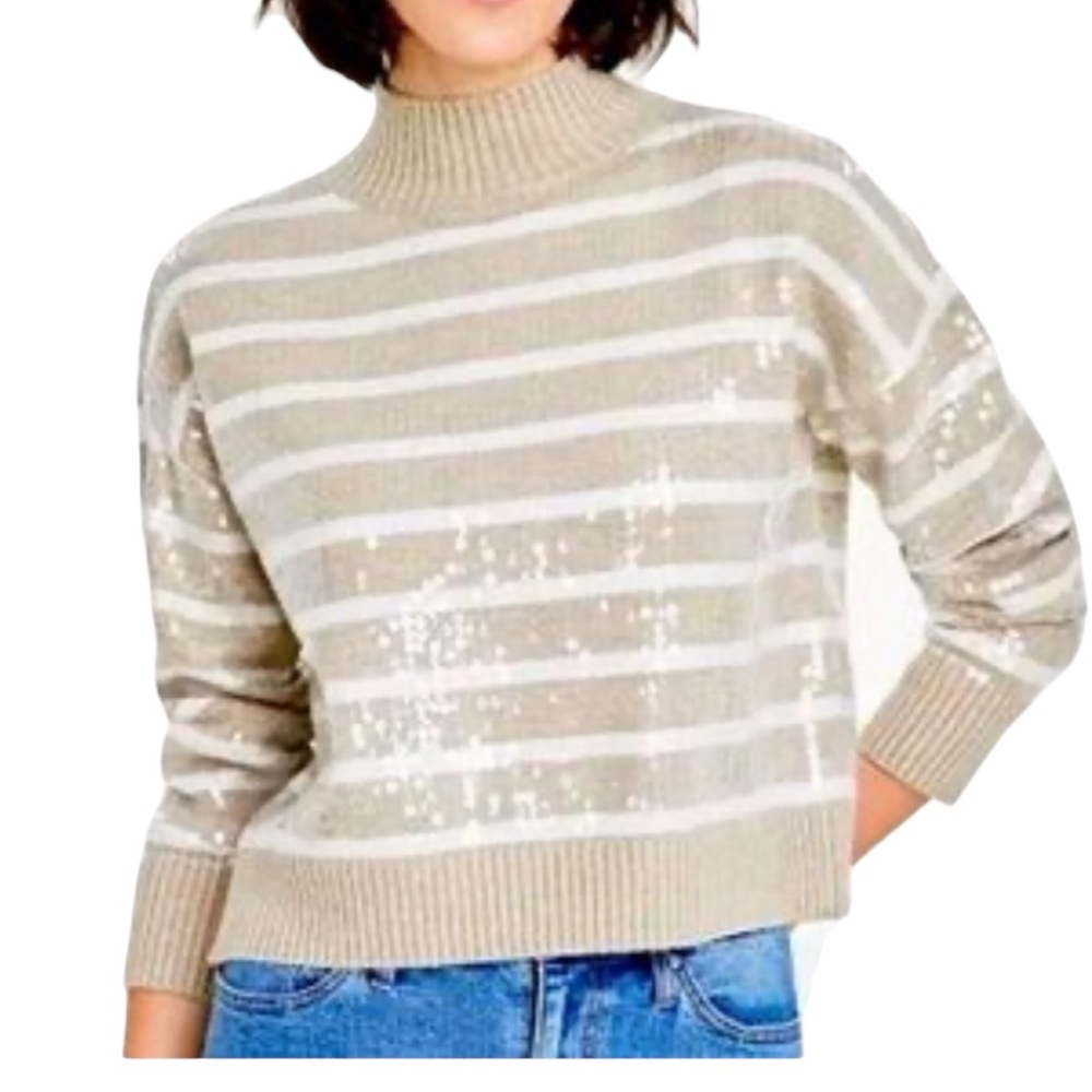 On 34th Sequined Sequined Striped Beige & White Mock Neck Sweater